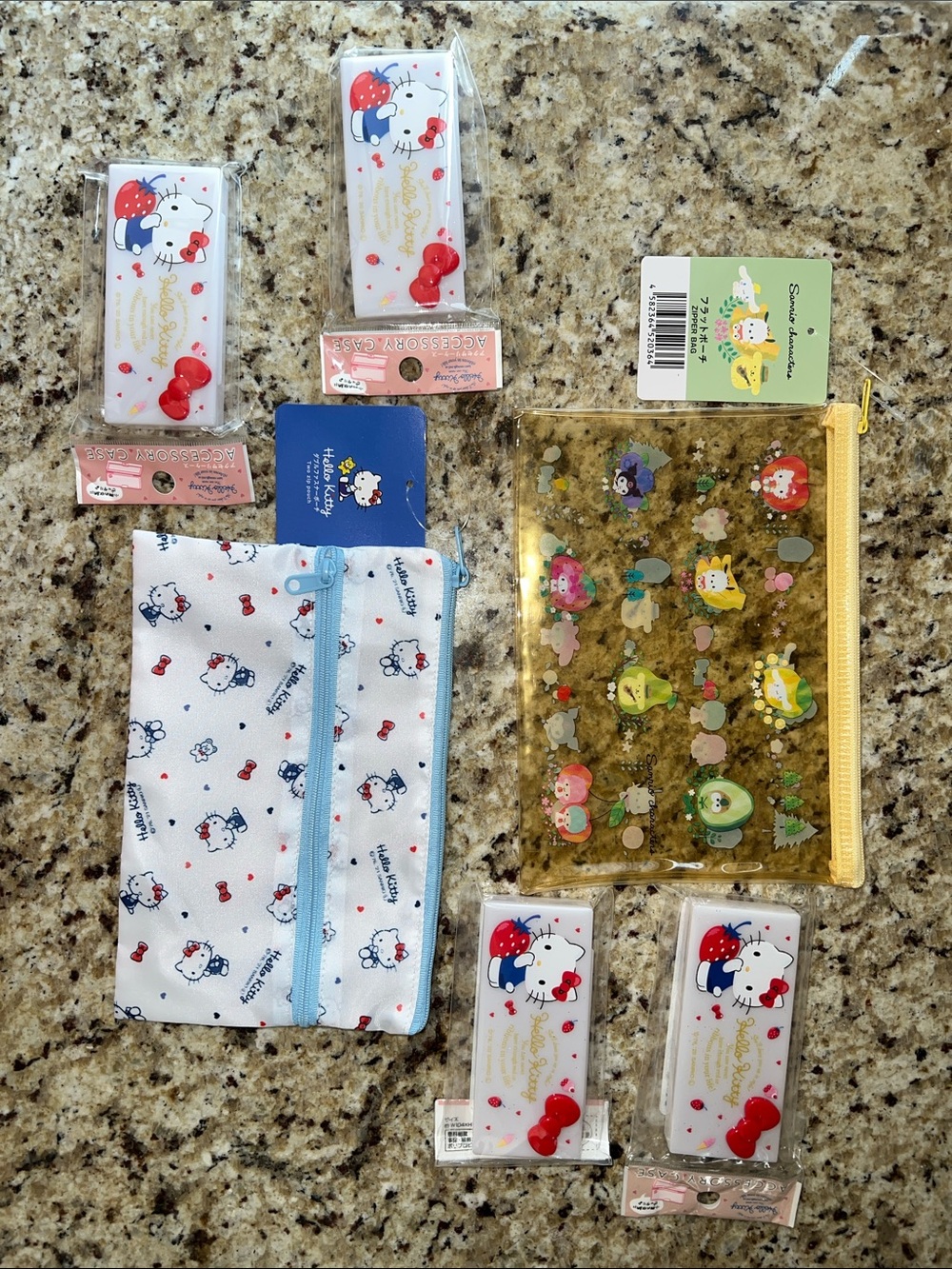 Daiso Sanrio Hello Kitty Pouch Set with Yellow Clear Zip Bag & Blue Accents
